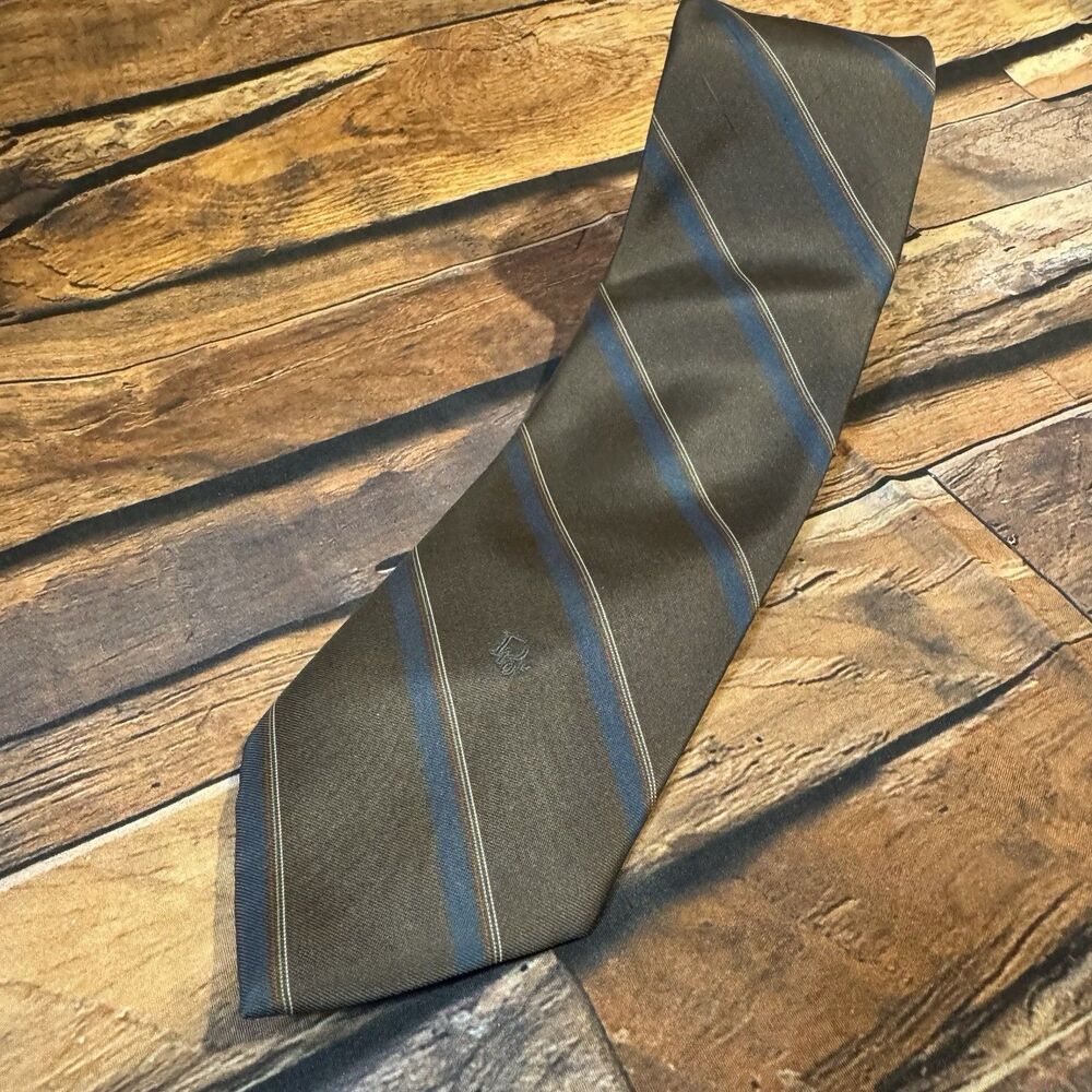Christian Dior Tie Mens Charcoal Grey Blue Silk Striped Vintage Jacquard Necktie